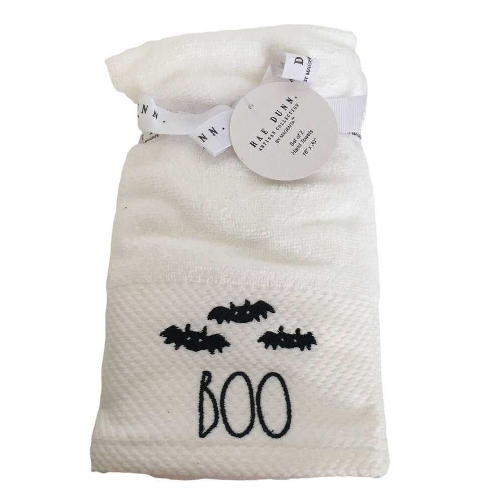 Rae Dunn Halloween Hand Towels Boo Bats Set of 2 16 x 30 in White with Black New
